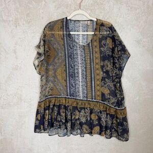 Boho Patchwork Floral Peplum Blouse Cottagecore Sheer Flowy Top Size L Lagenlook